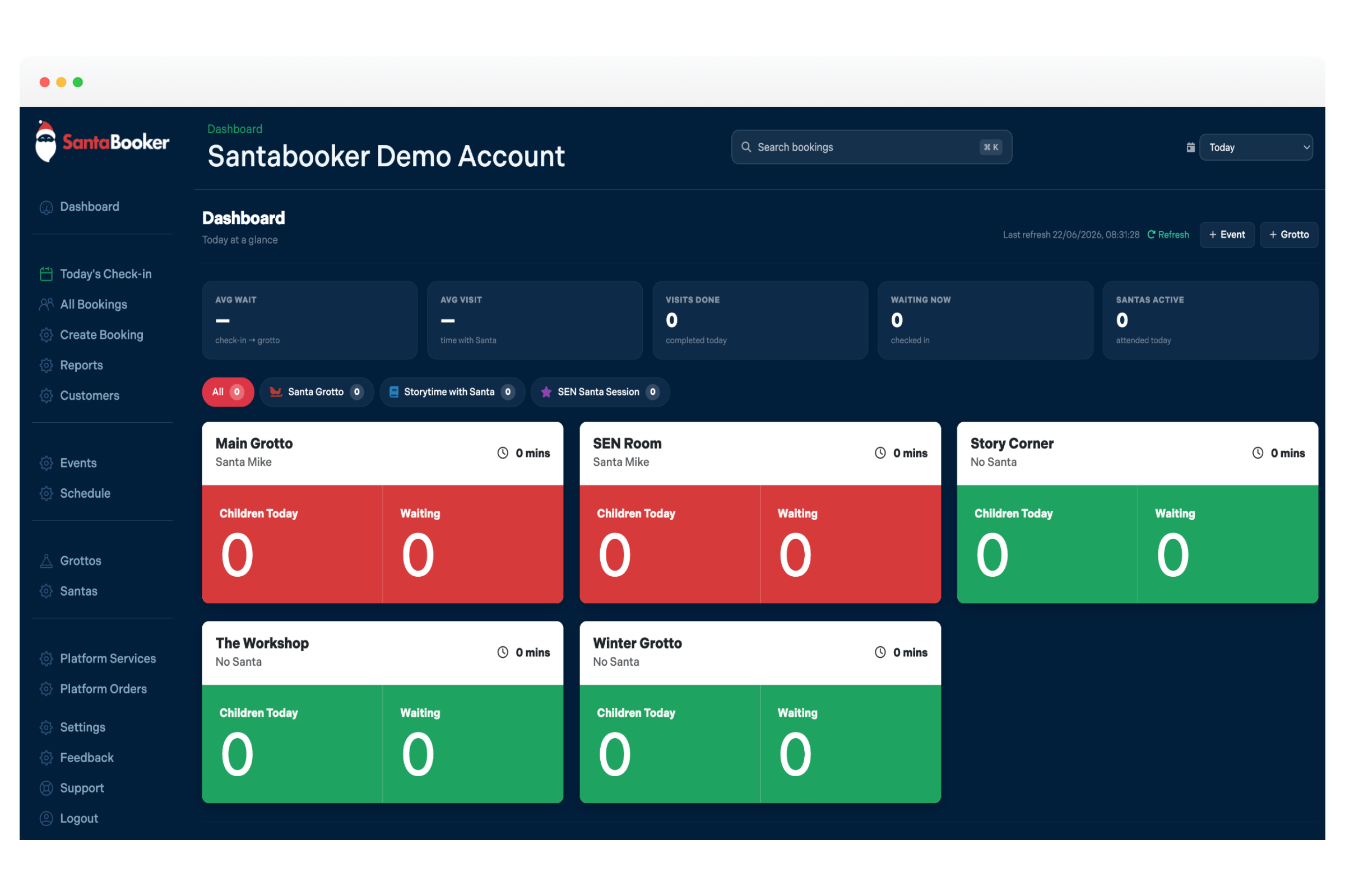 SantaBooker grotto booking dashboard showing Santa bookings and visitor management